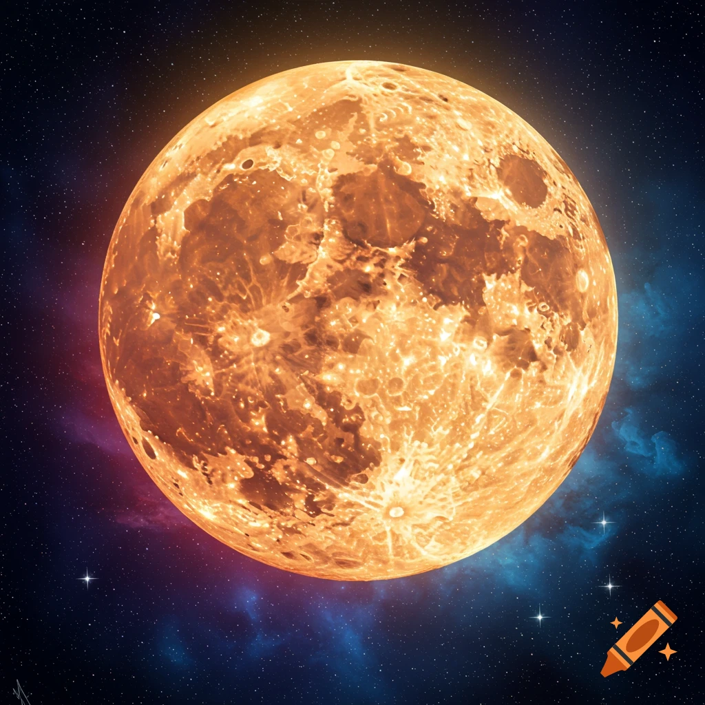 A bright orange moon with craters hangs in a starry dark blue and purple space with nebulas.