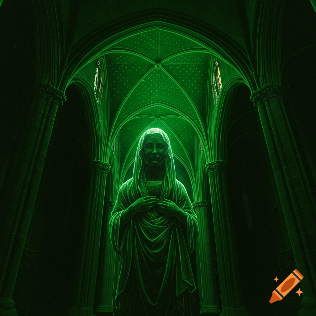 A statue-like figure glowing green in a dark cathedral, with a patterned, laser-like ceiling.