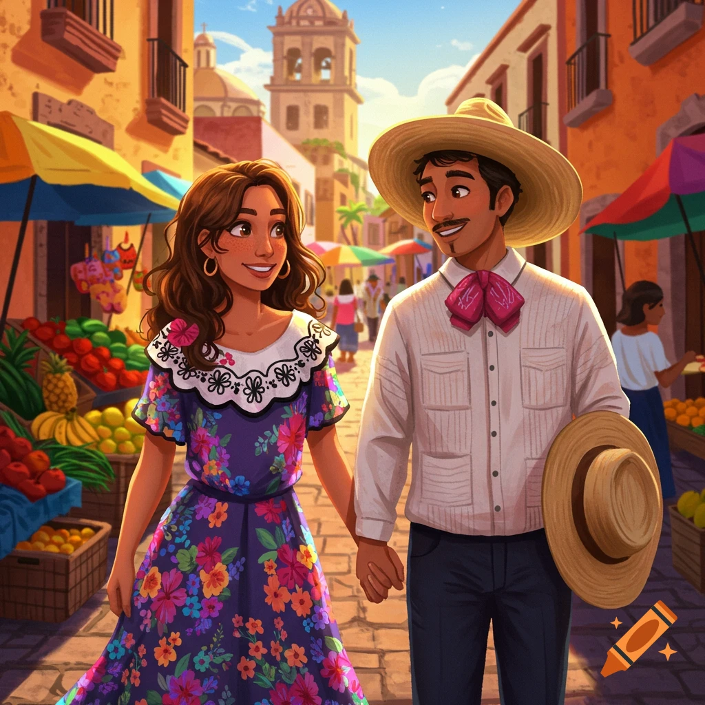 Illustrated Mexican couple walking through a vibrant market street