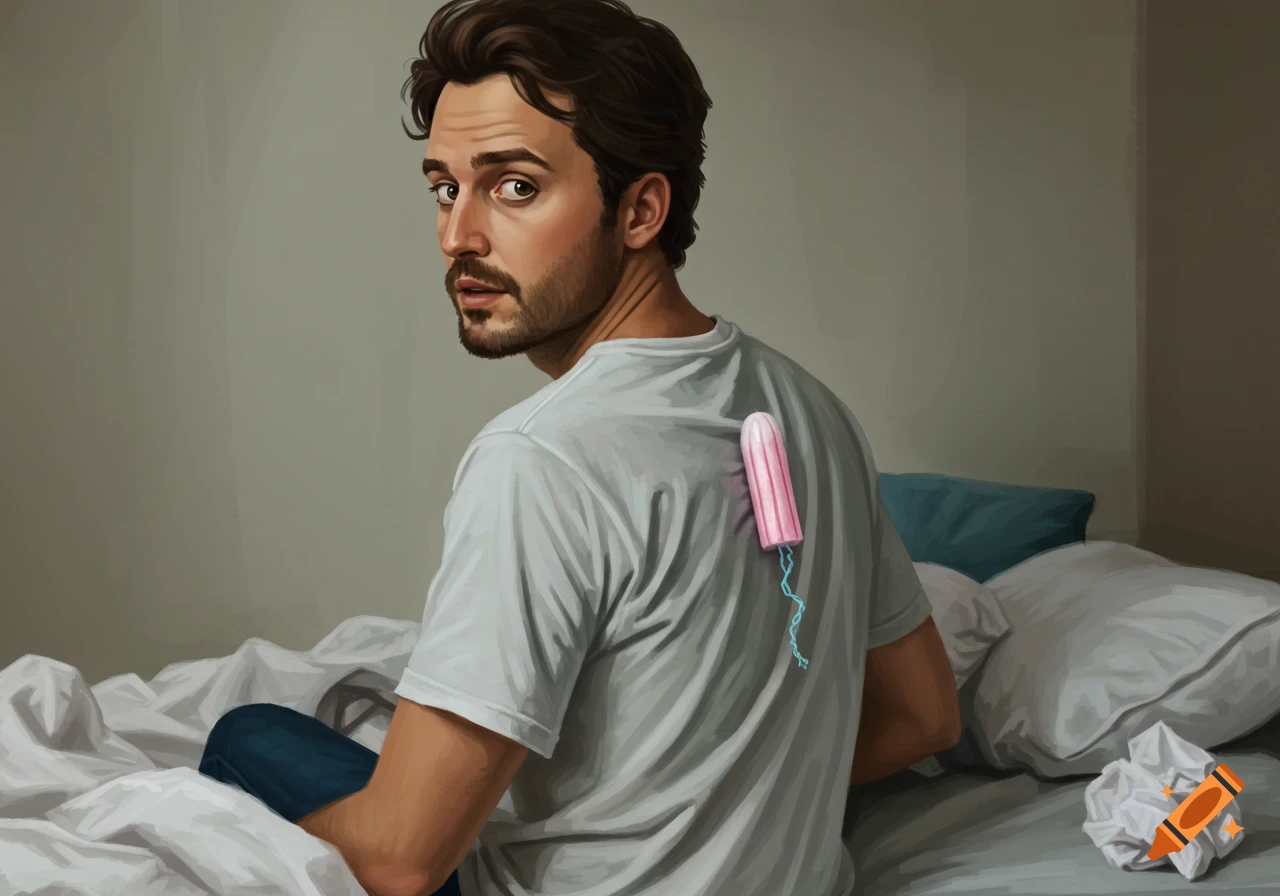 Digital painting of a man sitting on a bed with a pink tampon stuck to his back, looking over his shoulder.