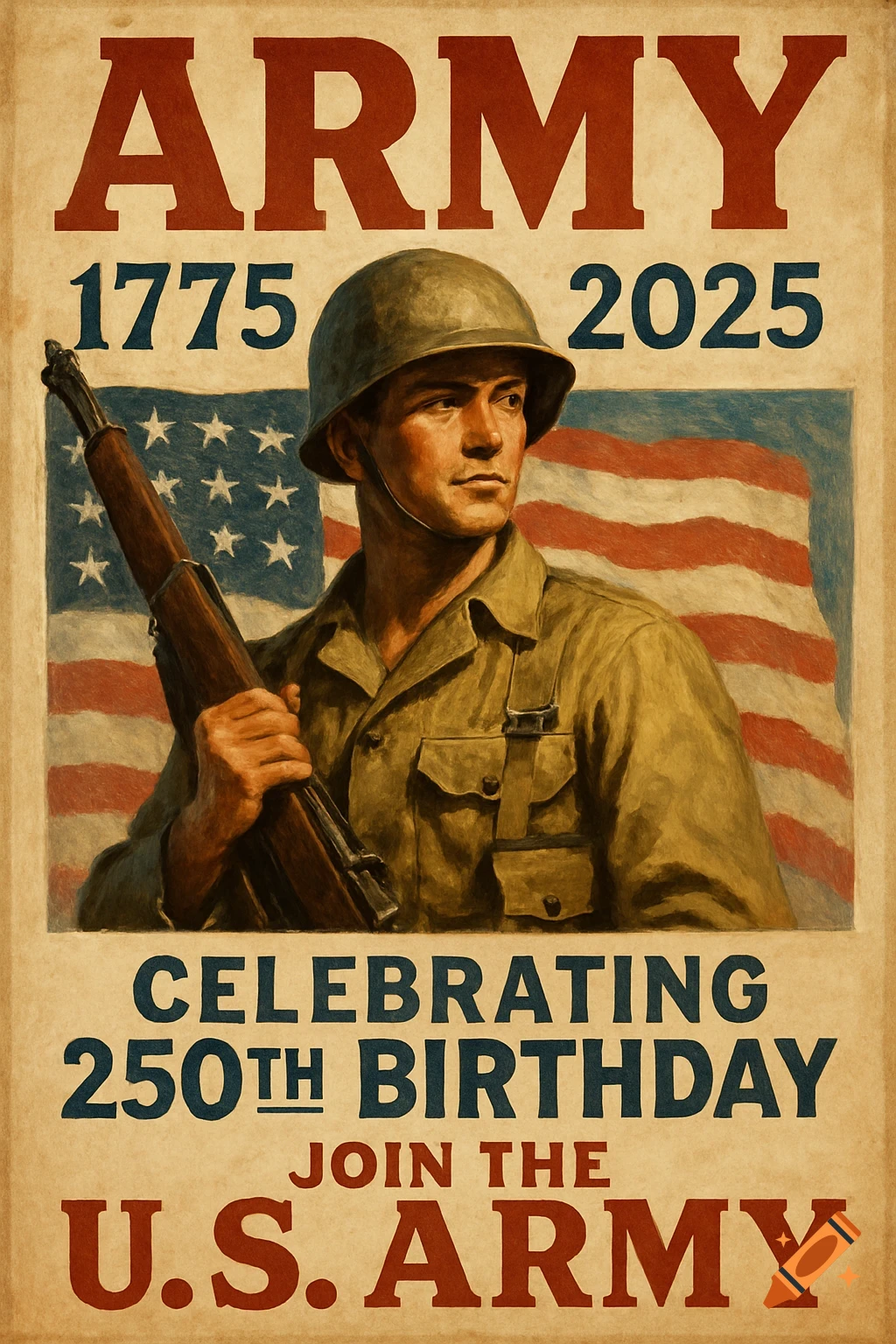 Nostalgic poster of a soldier with a rifle and US flag, text celebrates Army 250th birthday.