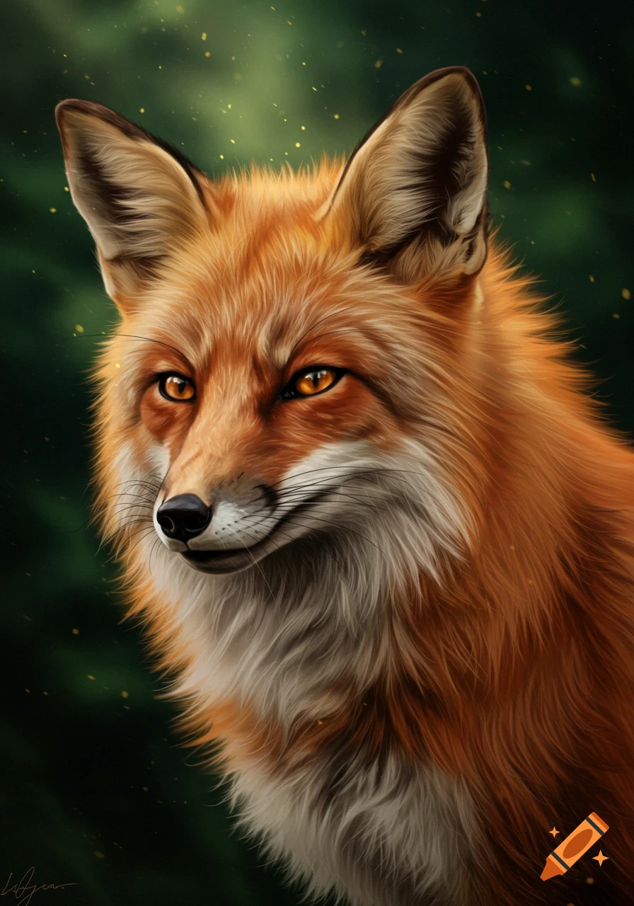 Close-up portrait of a fox with orange fur and golden eyes.