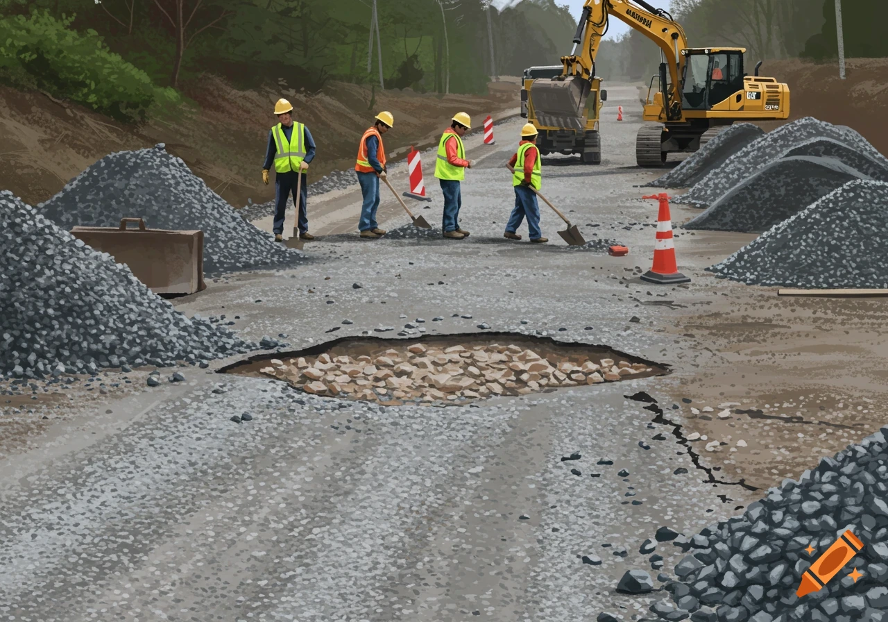 Construction workers use shovels and an excavator to repair a gravel road.