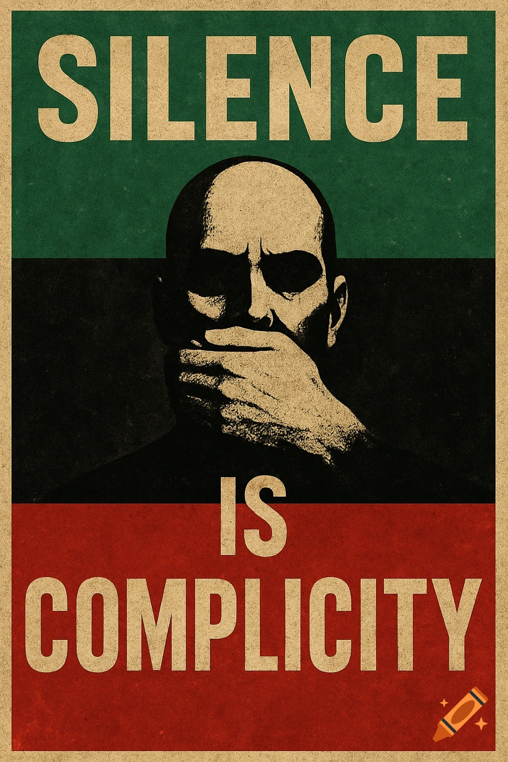 Dystopian poster with a bald person covering their mouth against green, black, and red background. Text reads "SILENCE IS COMPLICITY".