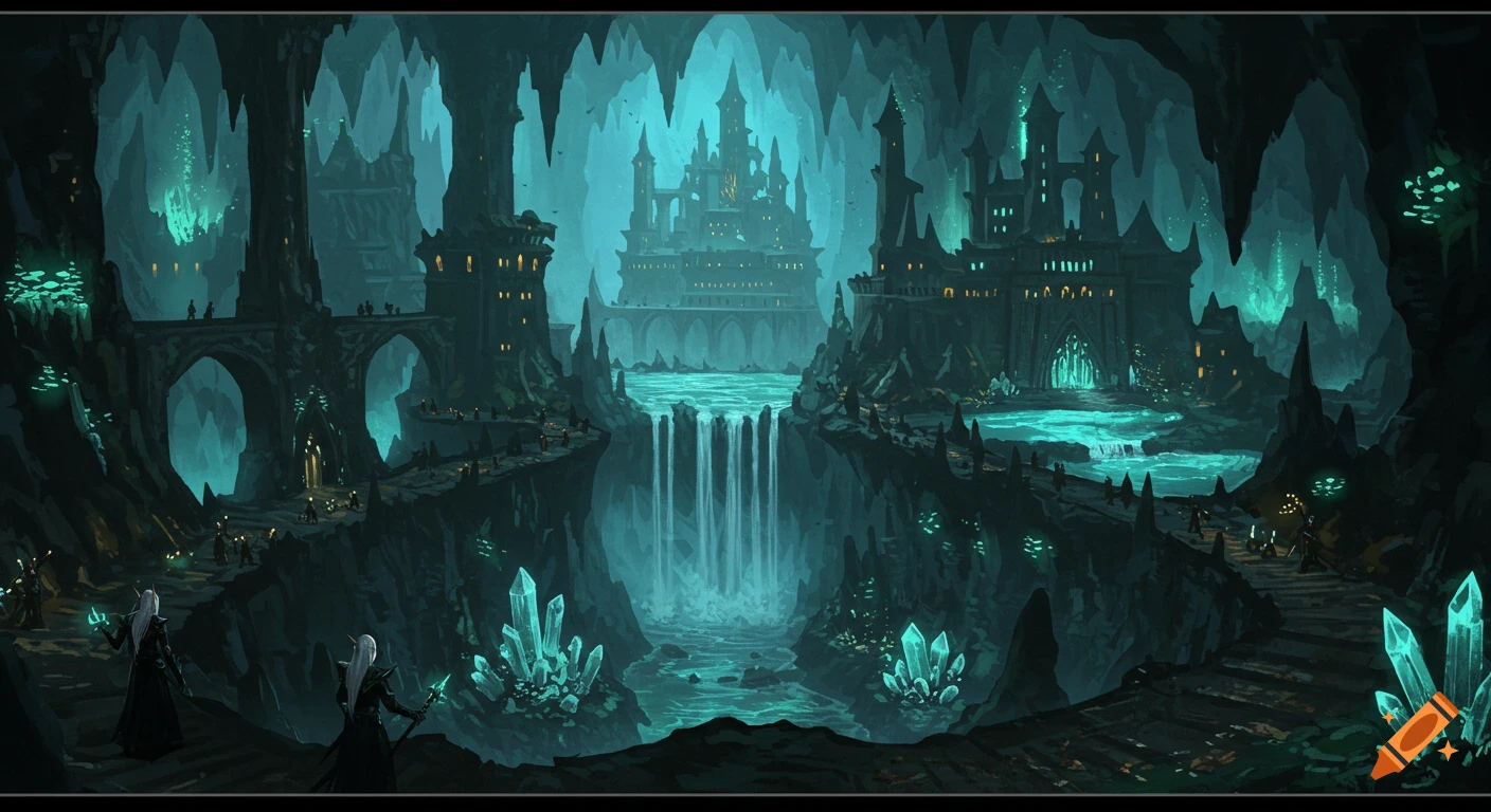Dark fantasy illustration of a vast underground city with castles, waterfalls, glowing crystals, and figures.