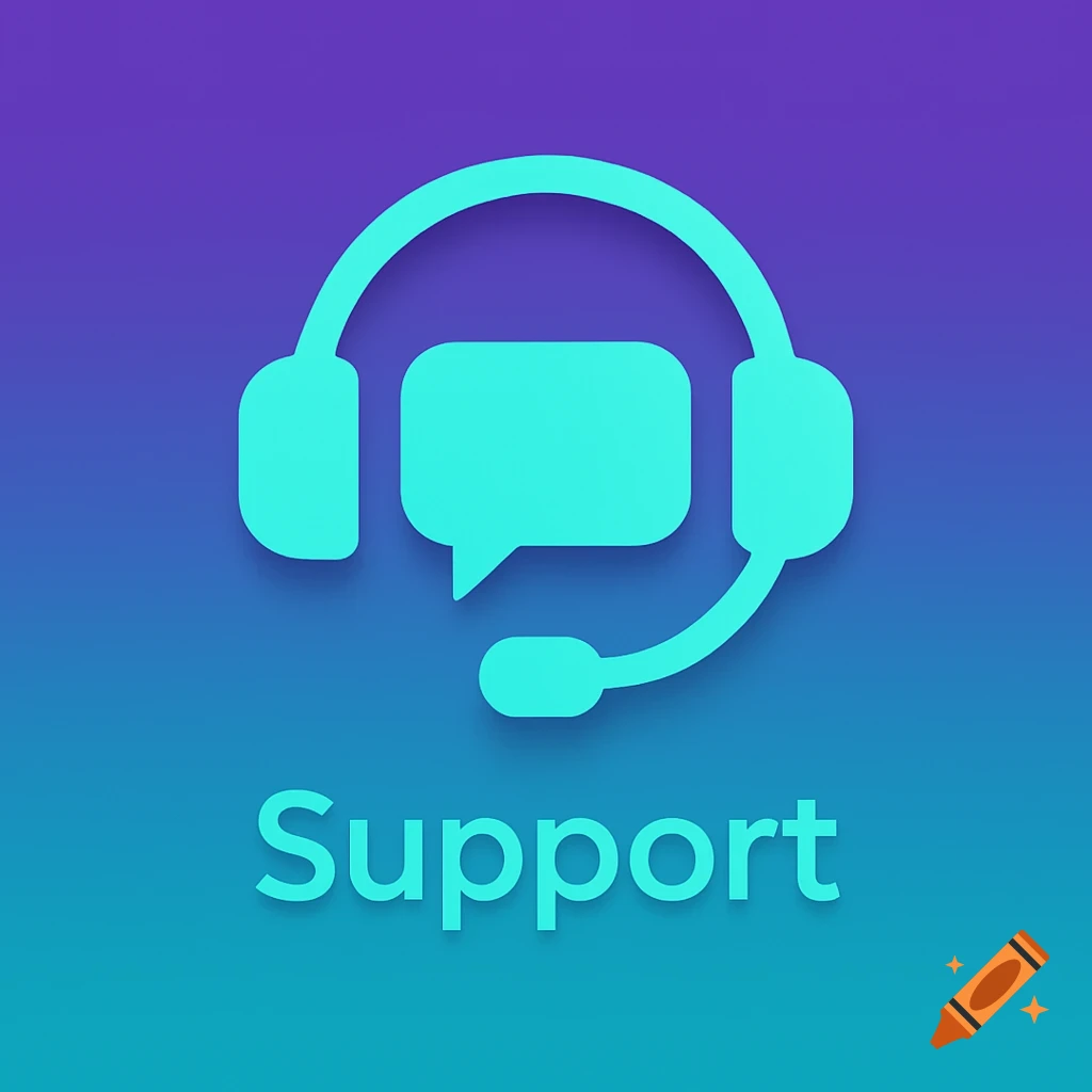 Minimalist icon of a headset and chat bubble above the word "Support" on a purple and teal gradient background.