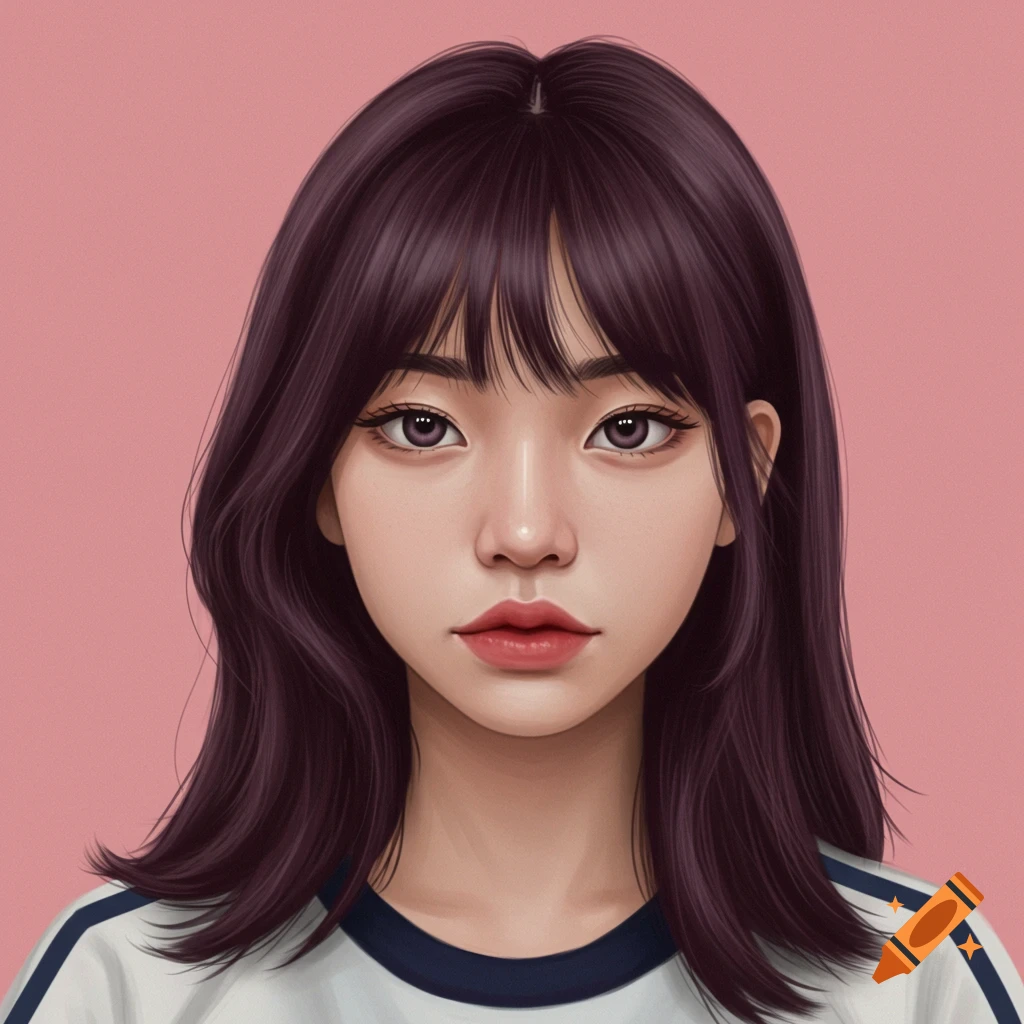 Close-up digital illustration of a woman's face with long dark hair, pink eyes, and a white shirt against a pink background.