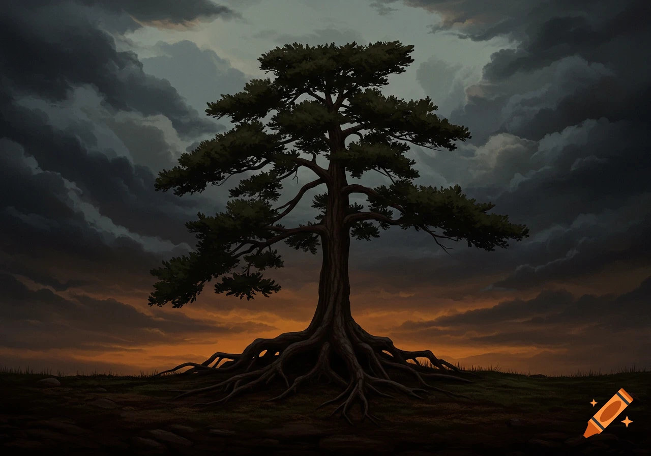 A large, dark pine tree with exposed roots silhouetted against a dramatic sunset sky with dark clouds.