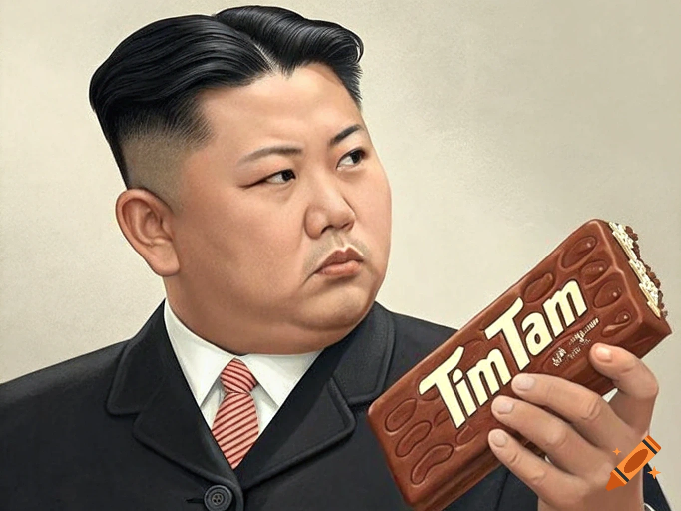 Illustration of Kim Jong Un holding a Tim Tam biscuit.