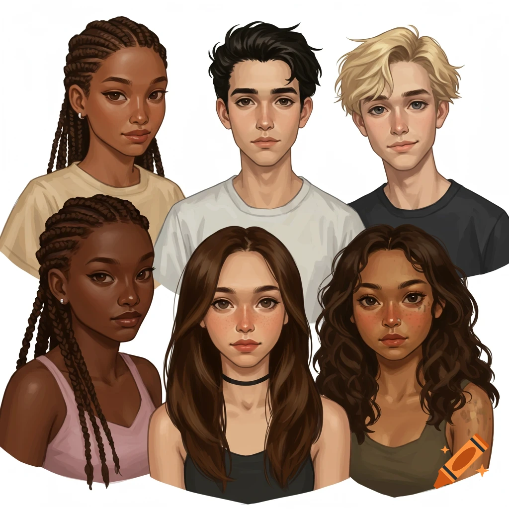 Illustration of six diverse young people, portraits with varying complexions and hairstyles.
