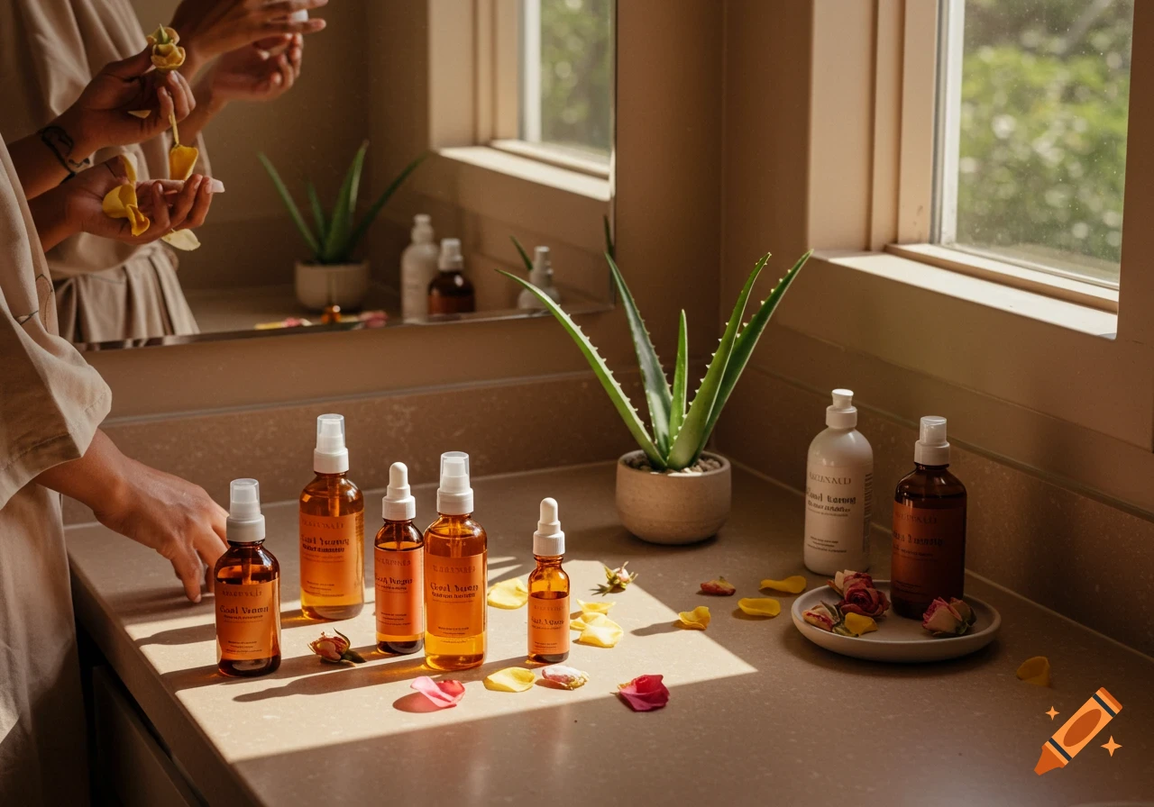 Skincare products, rose petals on a bathroom counter with women applying product. Sunlit.