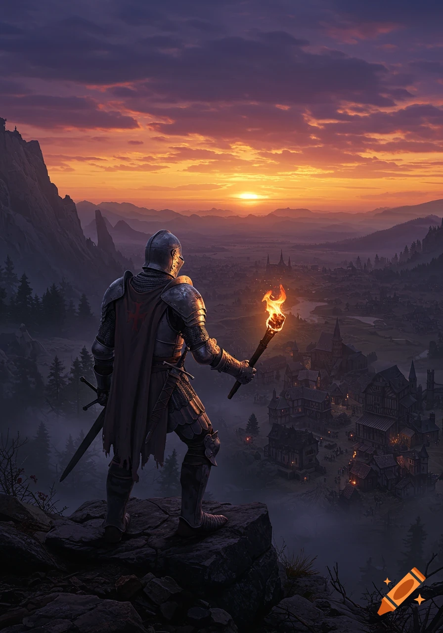 A medieval knight stands on a cliff overlooking a town at sunset, holding a torch.