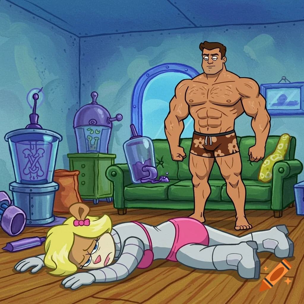 A muscular shirtless man stands over a blonde woman in a bikini laying on the floor in a cartoon room.