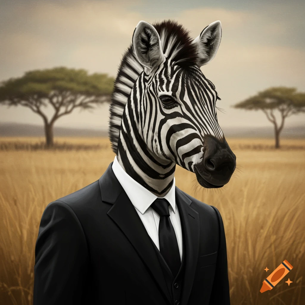A zebra wearing a suit stands in a field with trees.