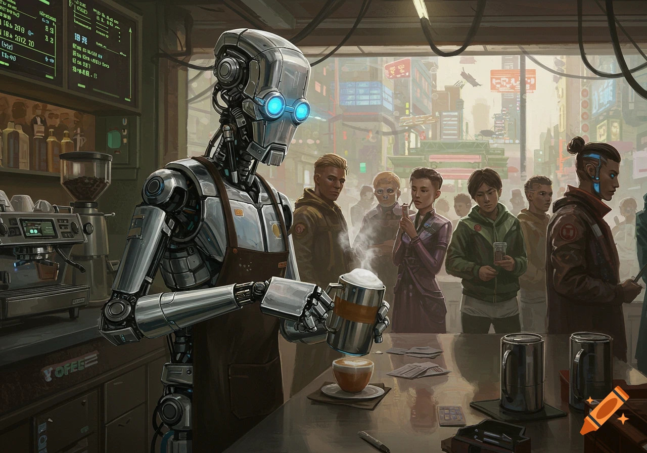 A robot barista makes coffee for customers in a futuristic cyberpunk coffee shop.