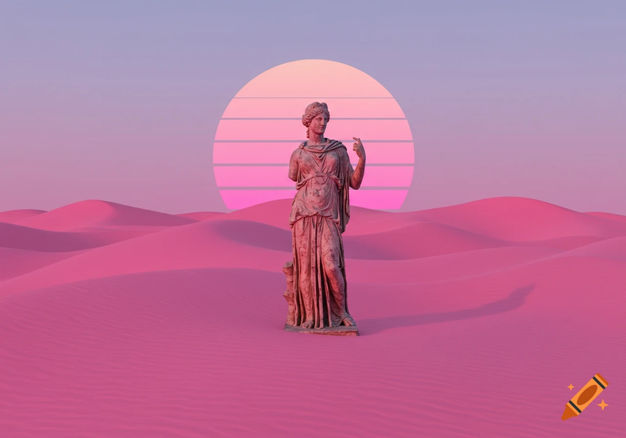 Classical statue in a pink desert landscape under a retro vaporwave sunset.