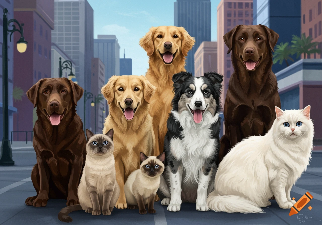 An illustration of a group of dogs and cats sitting in front of a city skyline.