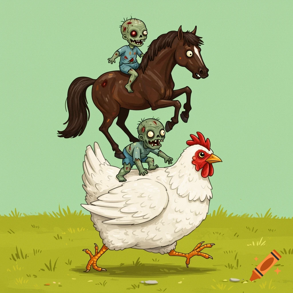 Cartoon baby zombie riding a chicken with a horse and another zombie riding the horse.