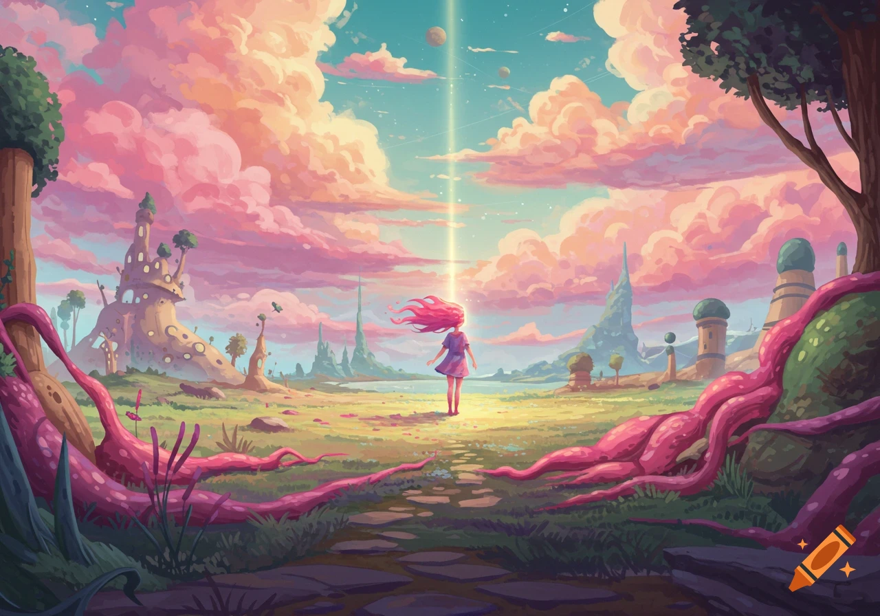 A girl stands in a colorful fantasy landscape with pink clouds, strange buildings, and glowing plants, looking at a light beam from the sky.