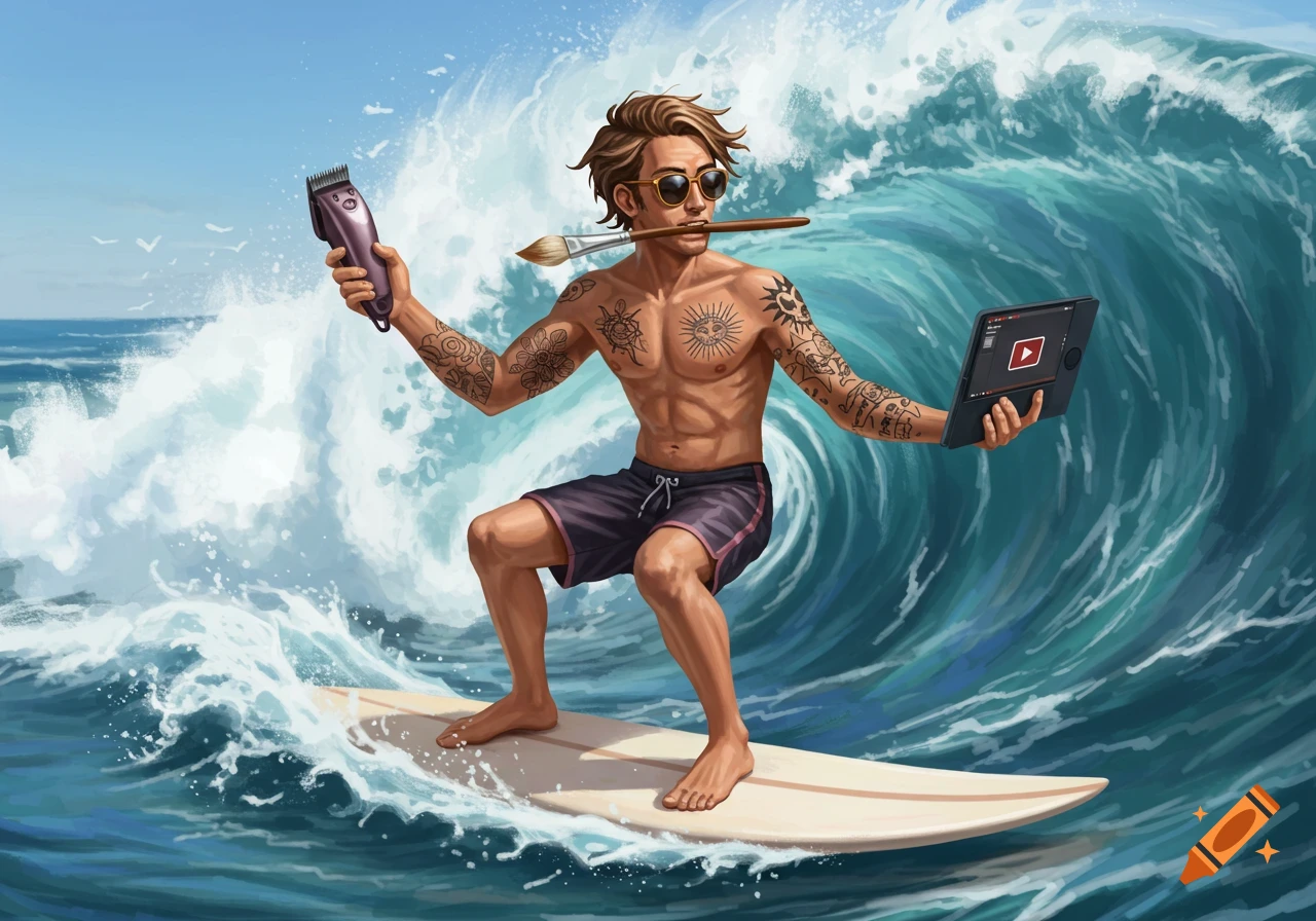Illustrated man with tattoos surfing a wave, holding a clipper and tablet, paintbrush in mouth.