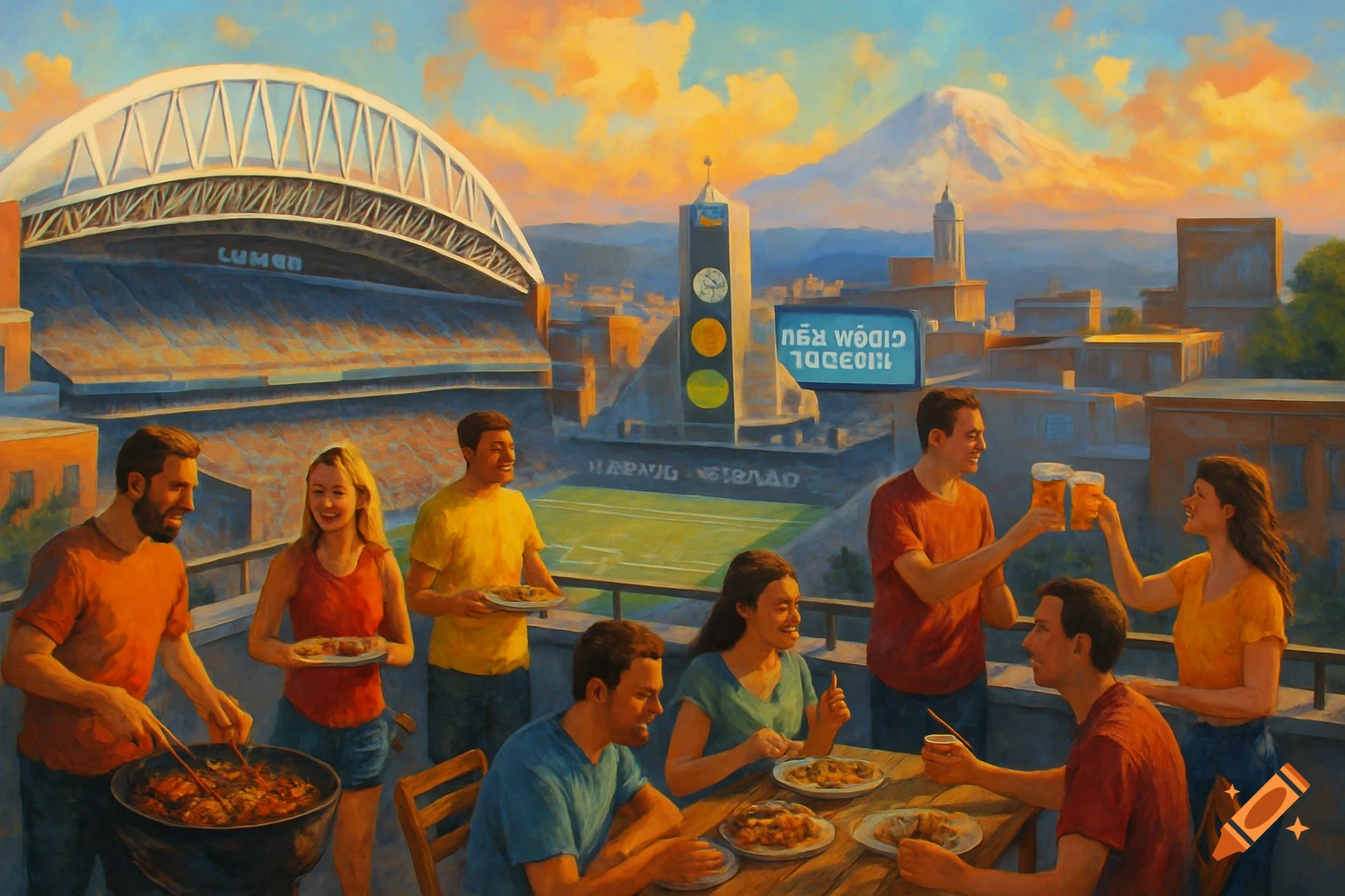 Painterly image of people grilling on a rooftop overlooking a stadium, cityscape, and mountain.