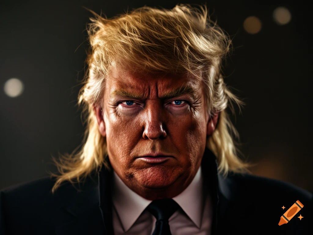 Photorealistic portrait of Donald Trump with KISS-style makeup and hair.