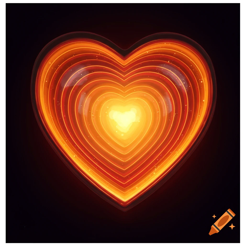 A glowing heart shape made of concentric bright orange and yellow lines against a dark background.