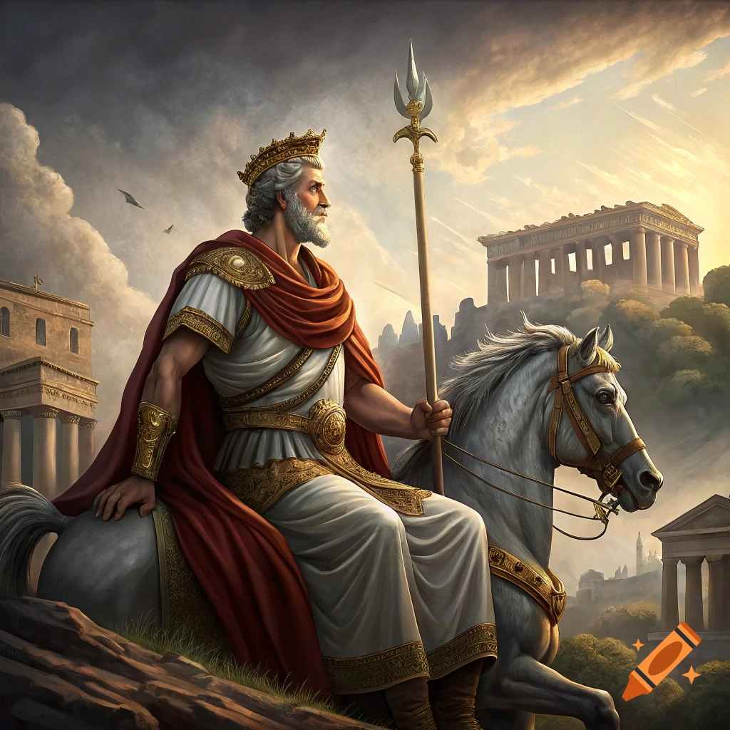 Man in ancient attire on a horse in a classical landscape with temples.