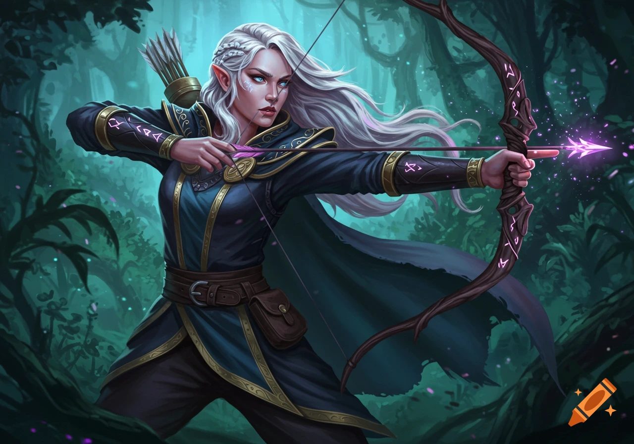 A fantasy elf-like archer with white hair draws a magical bow with a glowing arrow in a forest.