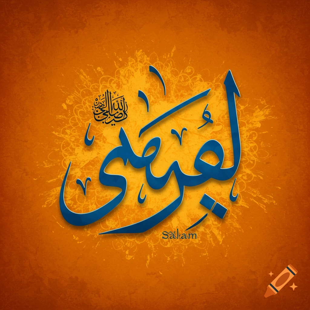 Blue Arabic calligraphy on an orange textured background.
