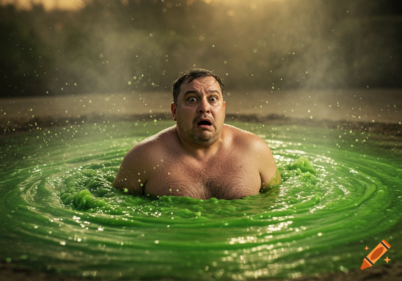 A man with a shocked expression is chest-deep in swirling green slime.