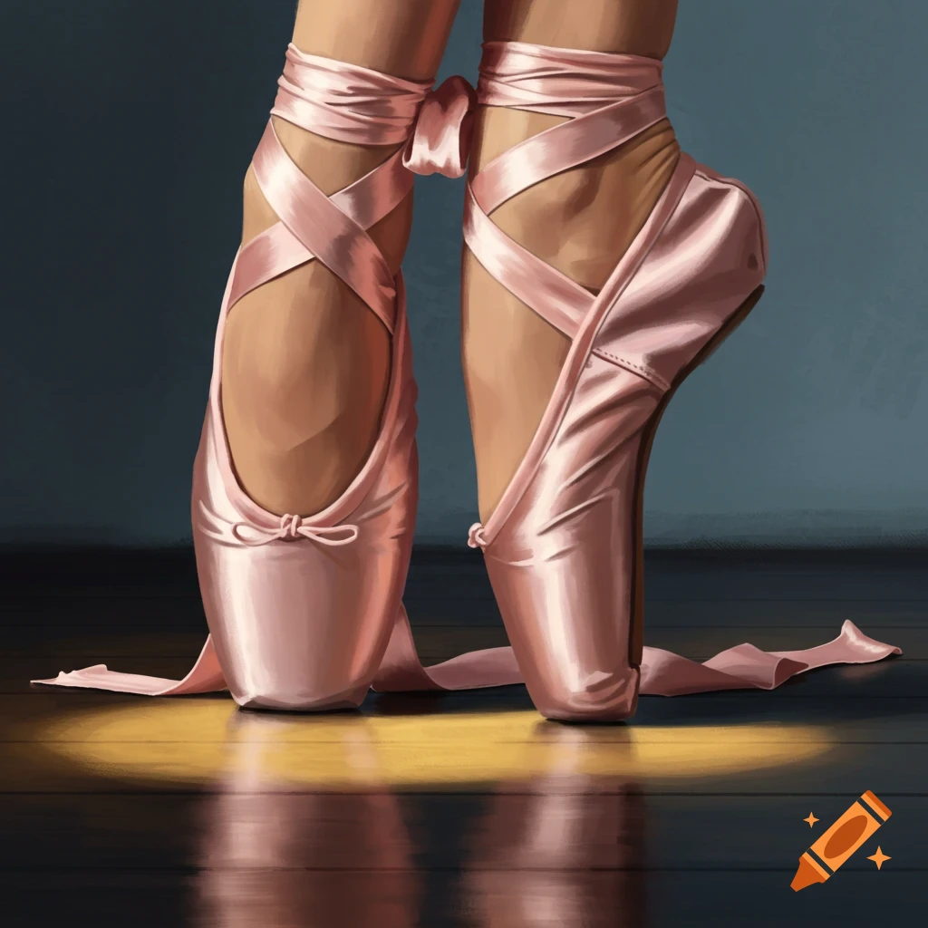Close-up of legs wearing pink ballet pointe shoes tied with ribbons, standing on a wooden floor in a spotlight.