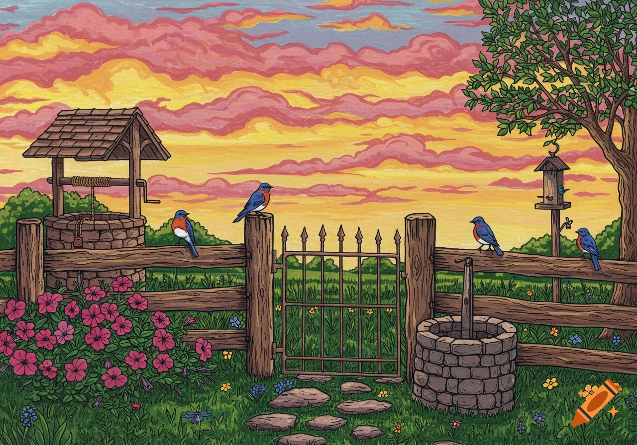 Woodcut art of a rural scene with a wishing well, fence, gate, bluebirds, flowers, and a vibrant sunset sky.