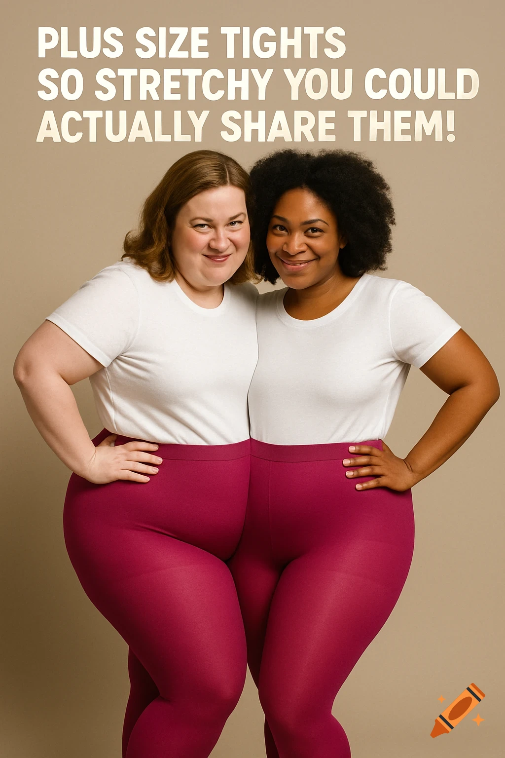 Two women in white t-shirts sharing magenta plus size tights with text ad