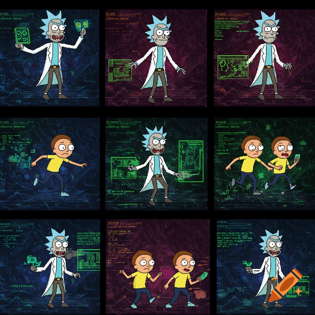 Pixel art spritesheet of Rick and Morty characters on a dark background with tech coding graphics.