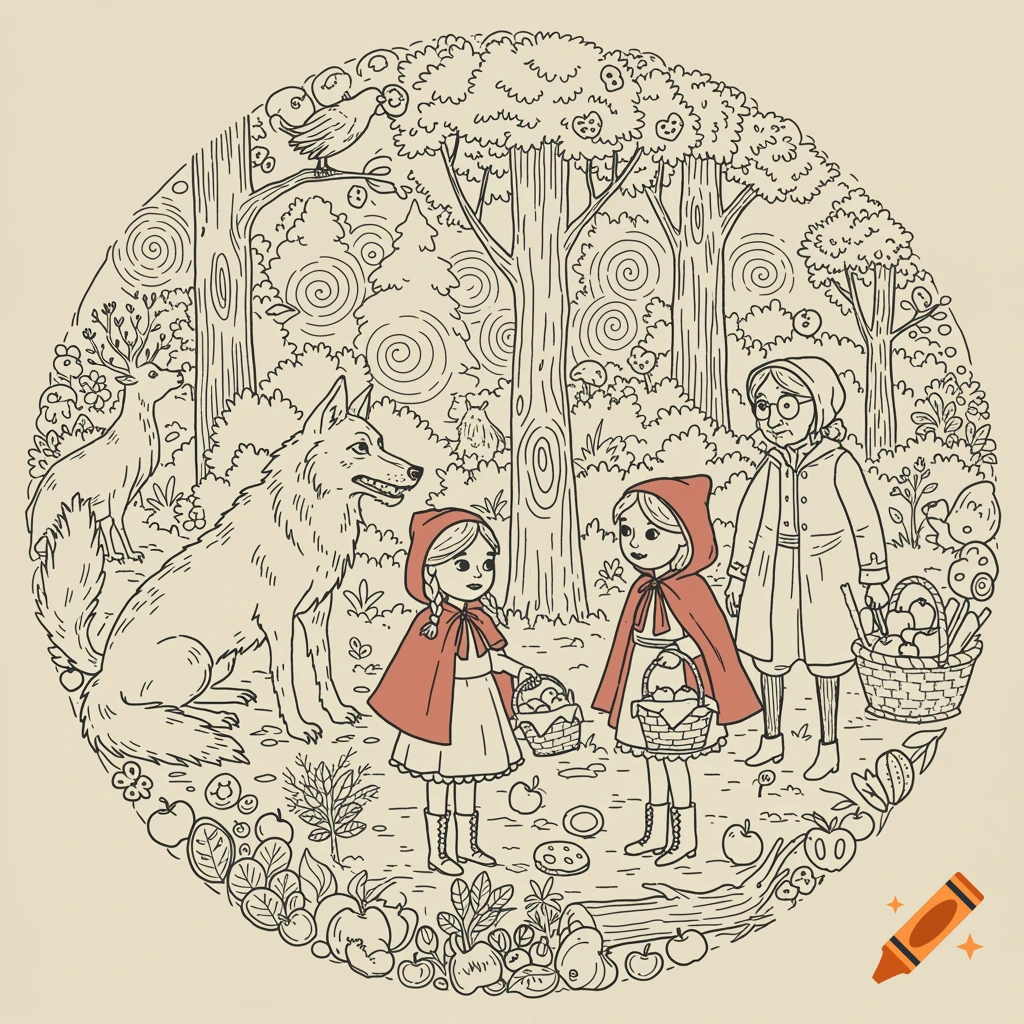 A line drawing illustration depicts Little Red Riding Hood, her grandmother, and the wolf in a forest circle, surrounded by plants and fruits.