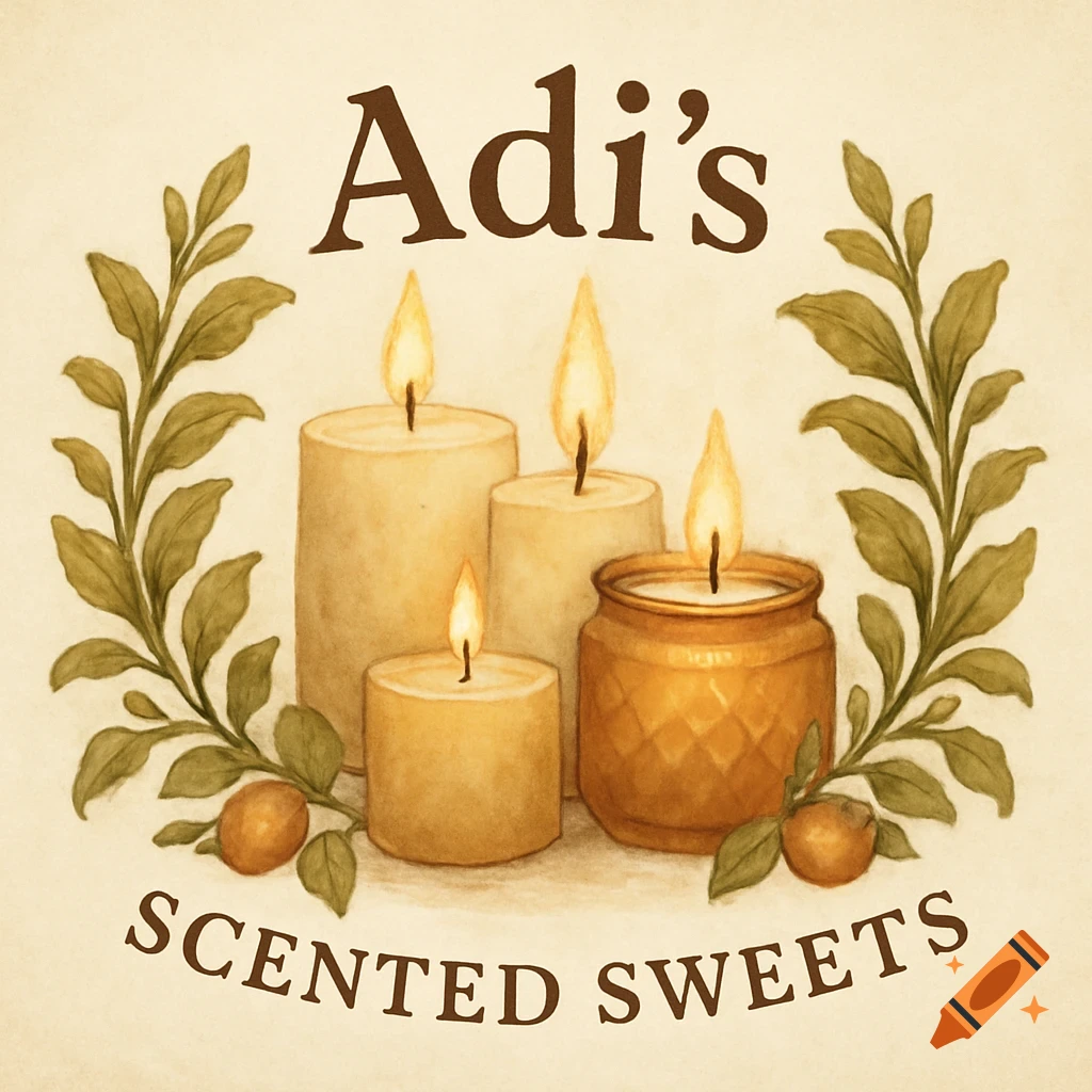 Watercolor illustration of candles, leaves, and berries with the text Adi's SCENTED SWEETS