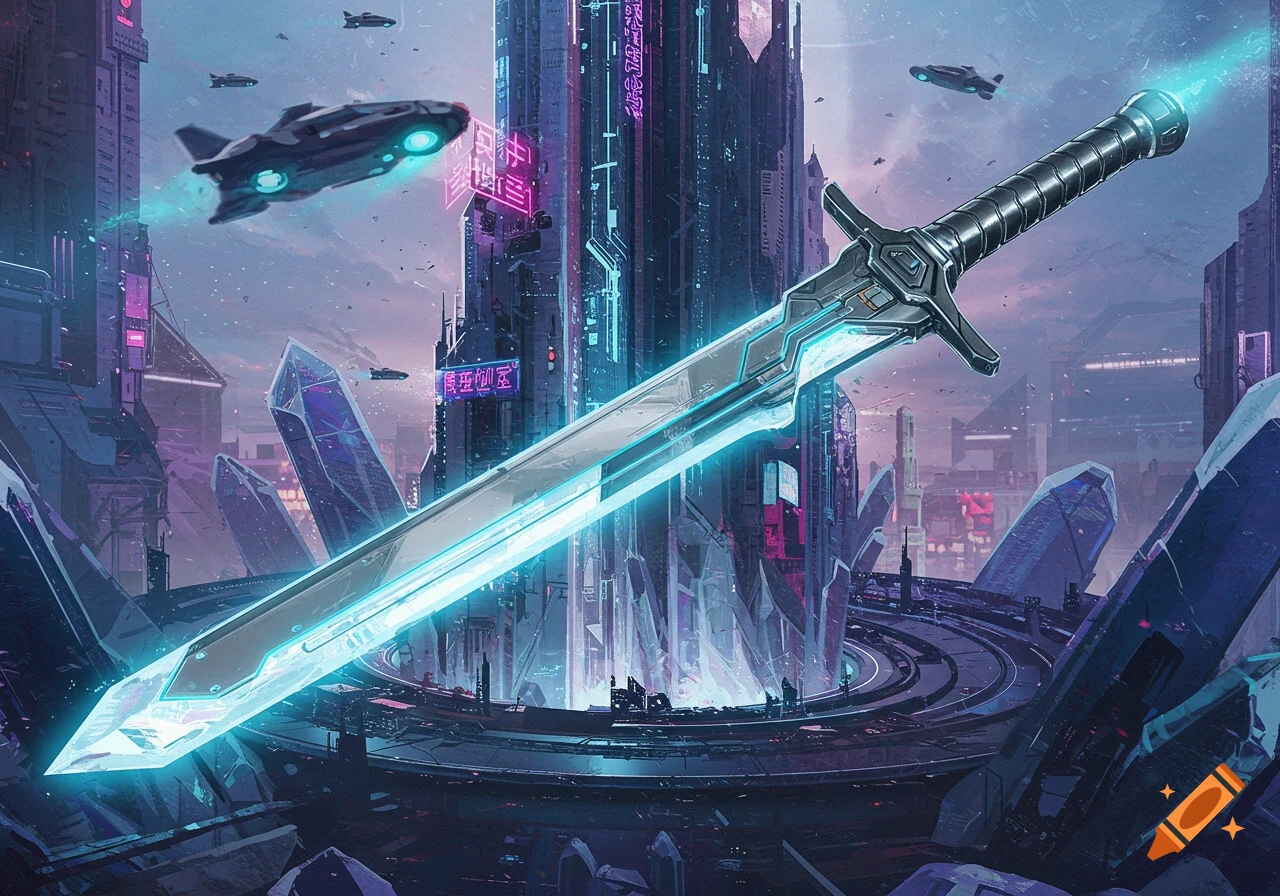 A large futuristic sword with a glowing edge floats above a cyberpunk city with neon signs, crystals, and flying vehicles.