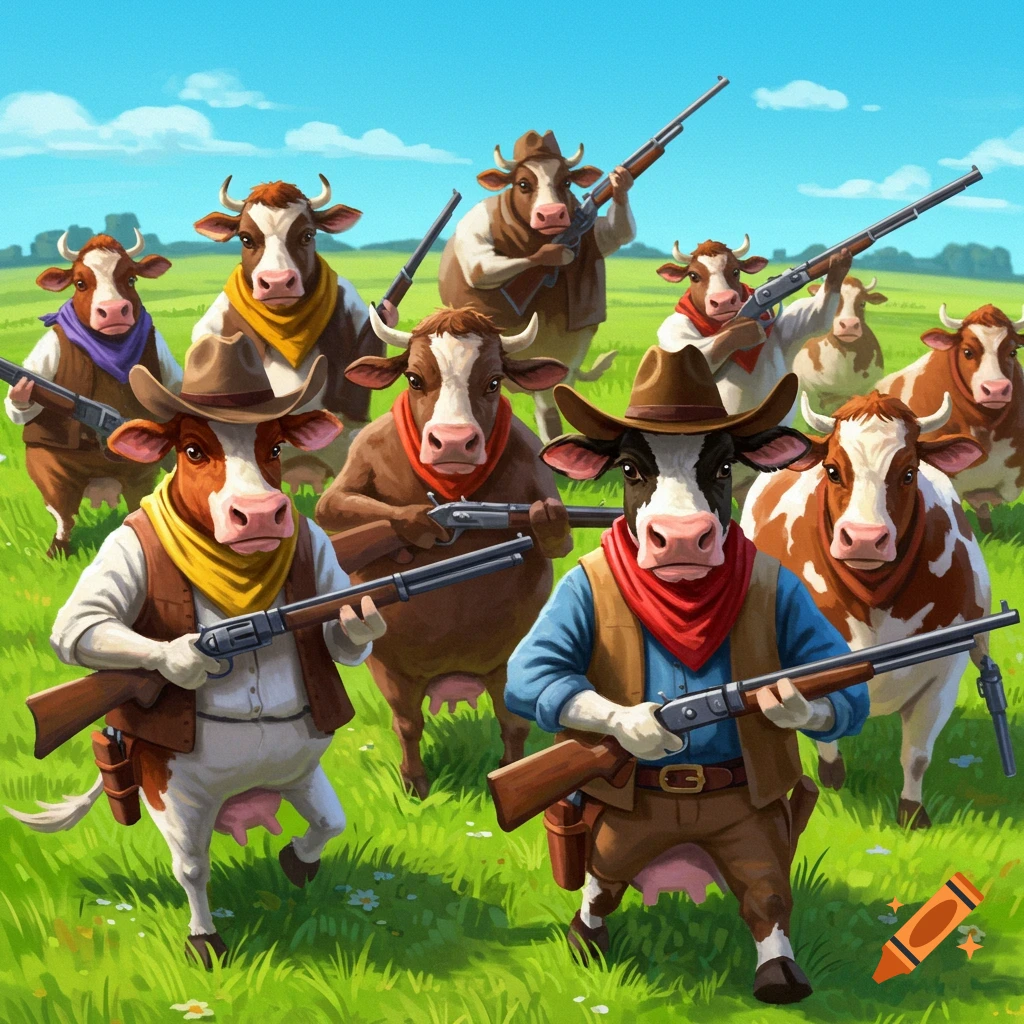 Cartoon cows in cowboy hats holding guns in a field.