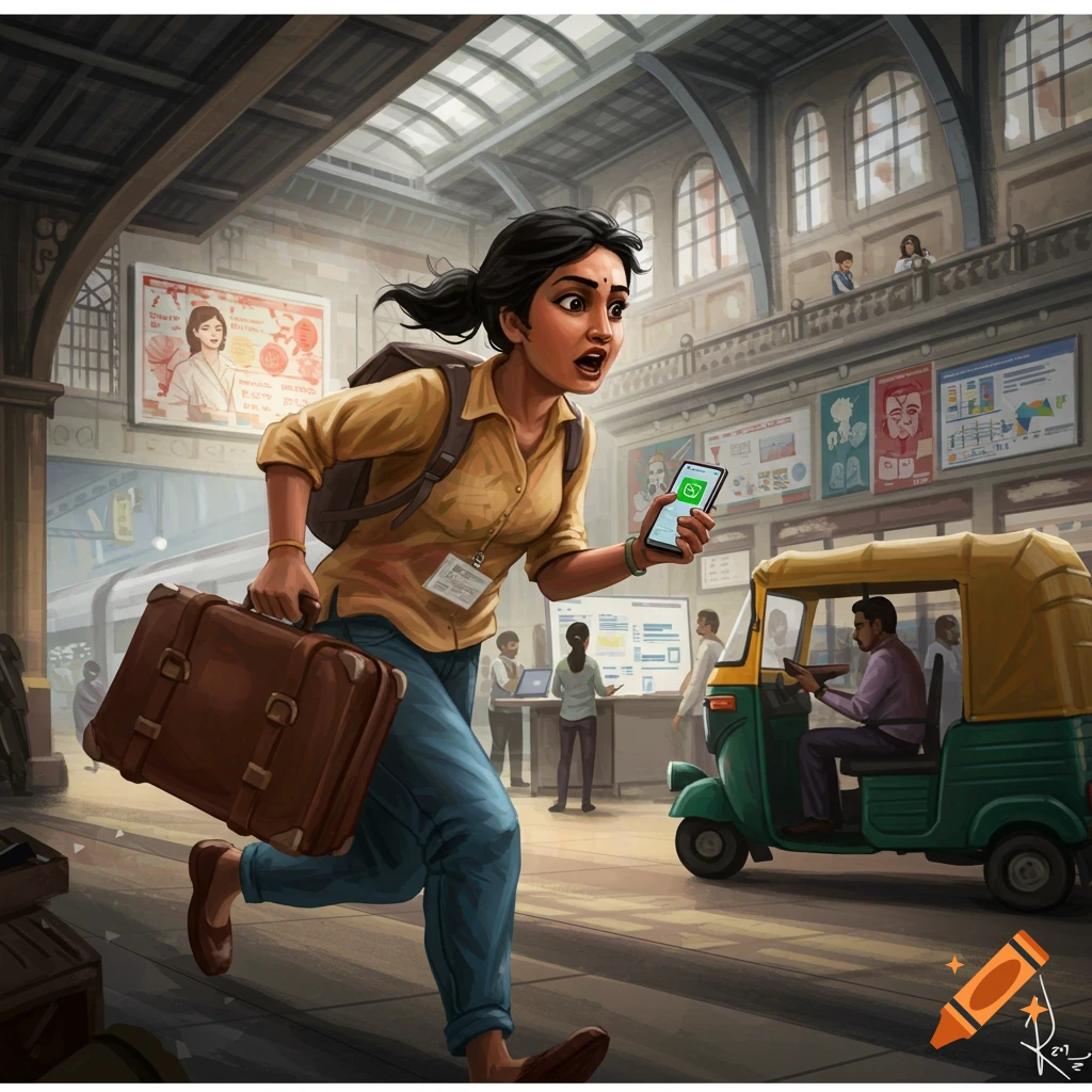 Illustration of a woman running through a train station with a suitcase and phone.