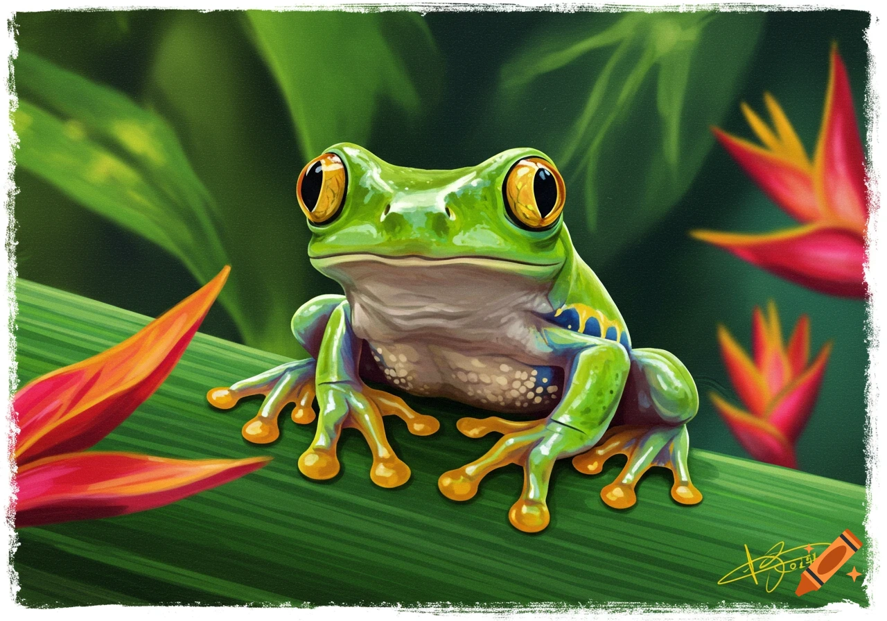 A red-eyed tree frog sits on a green leaf in a tropical setting, digital illustration.