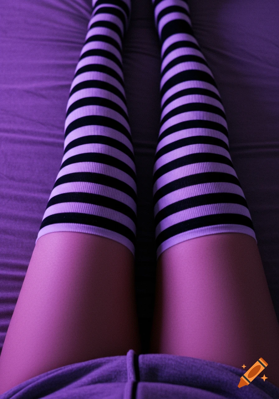 Close-up of legs wearing black and white striped thigh-high socks on a bed with purple lighting.