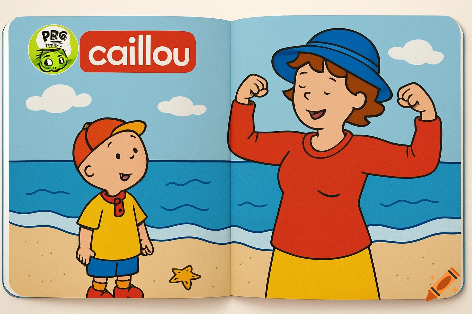 Caillou and his mom on a beach in a cartoon book spread. Mom flexes her arms.