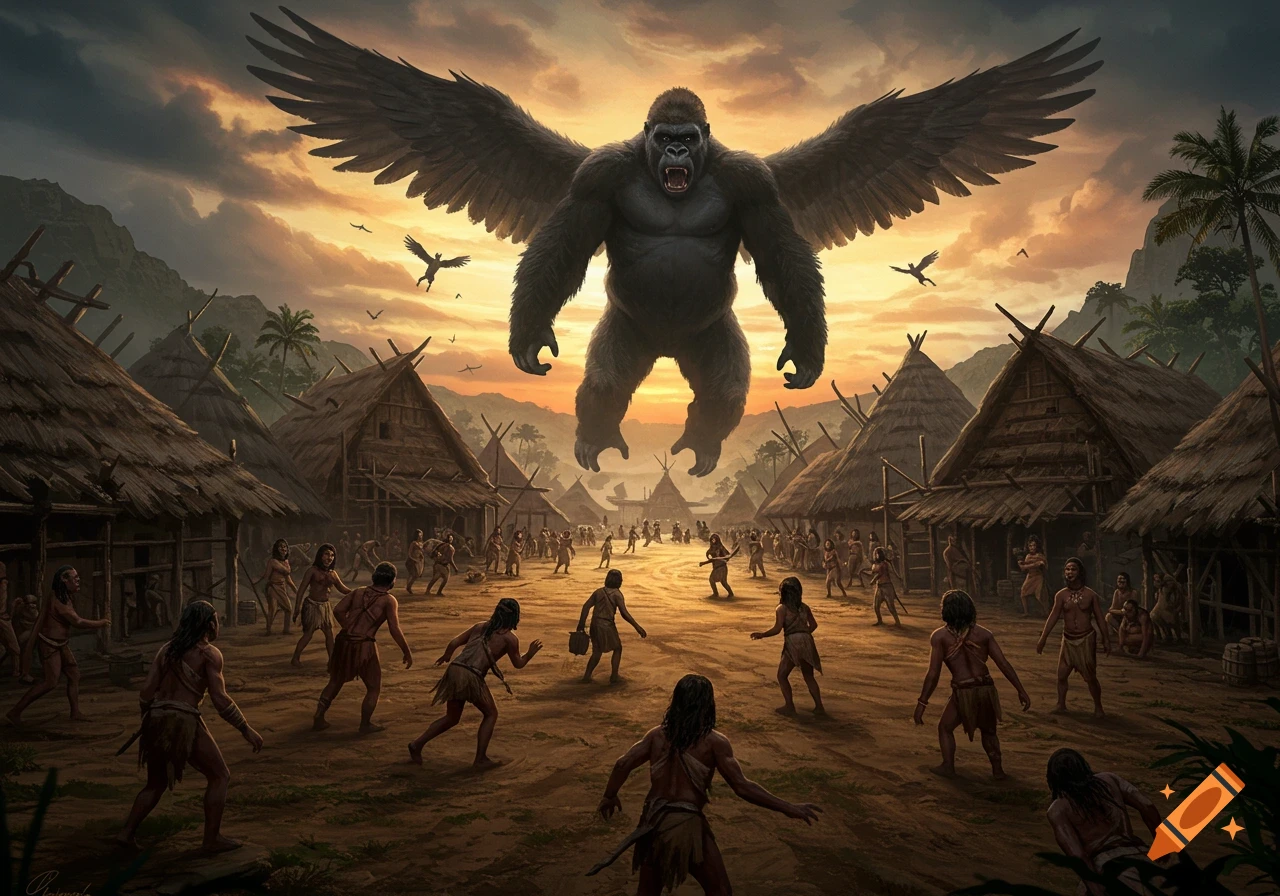 A large winged gorilla hovers over a primal village as people look up in fear in this fantasy illustration.