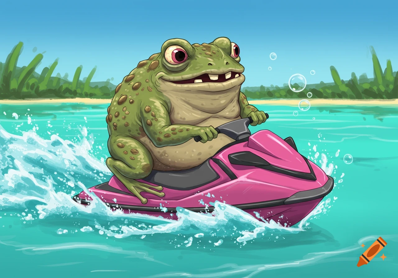 Cartoon illustration of a toad riding a pink jet ski on the water.