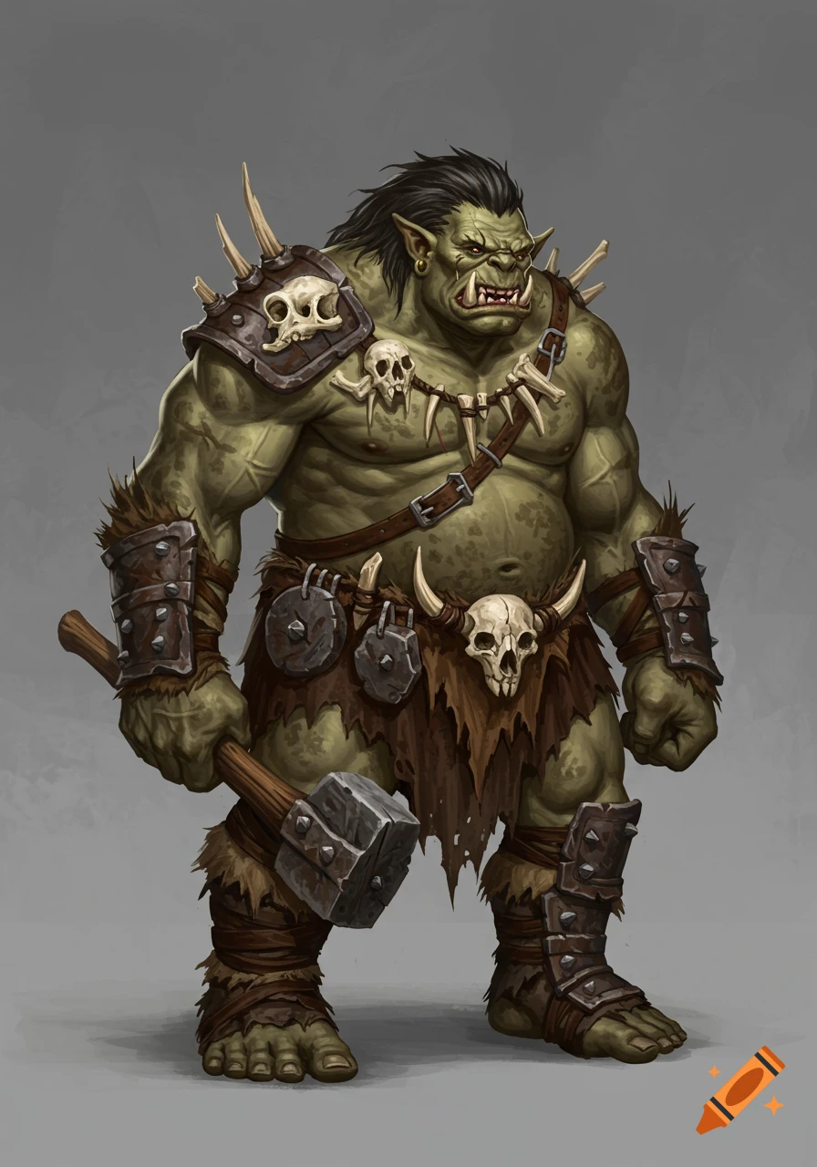 A fantasy illustration of a green-skinned orc warrior holding a large hammer.