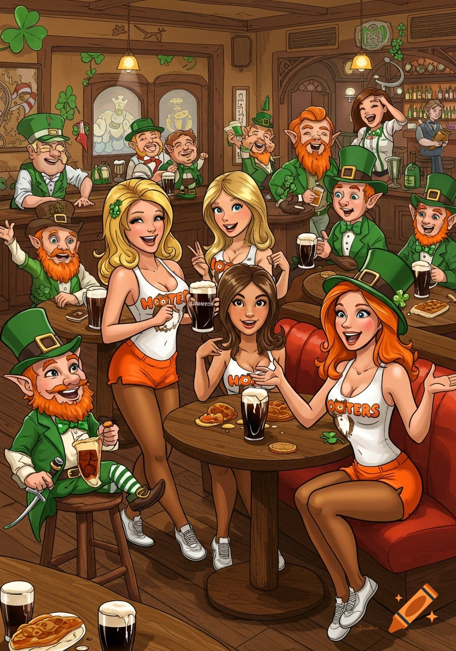 Cartoon of Hooters girls and leprechauns drinking in an Irish pub
