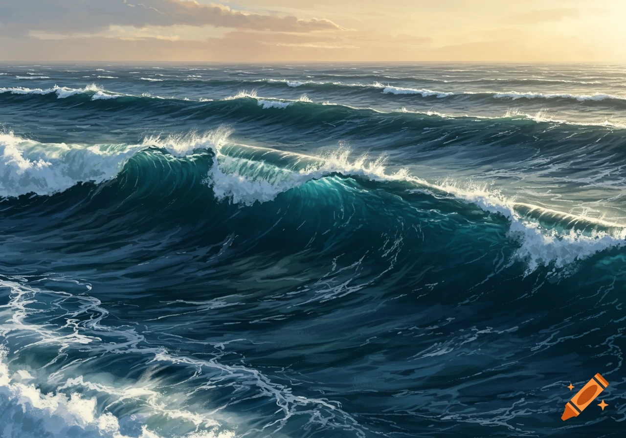 Rolling ocean waves under a cloudy sky with sunlight