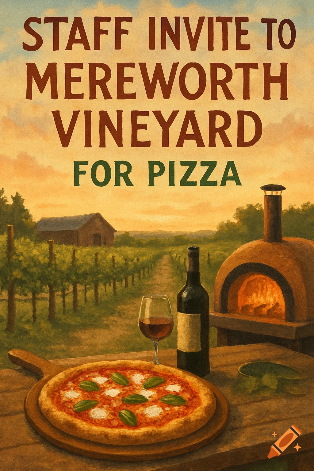 Illustration of a vineyard scene with pizza, wine, and text overhead.