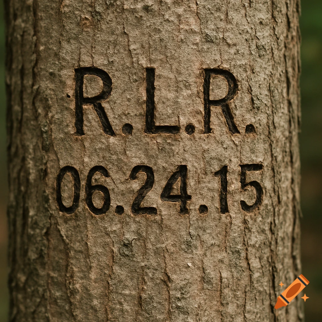 Initials R.L.R. and date 06.24.15 carved into tree bark